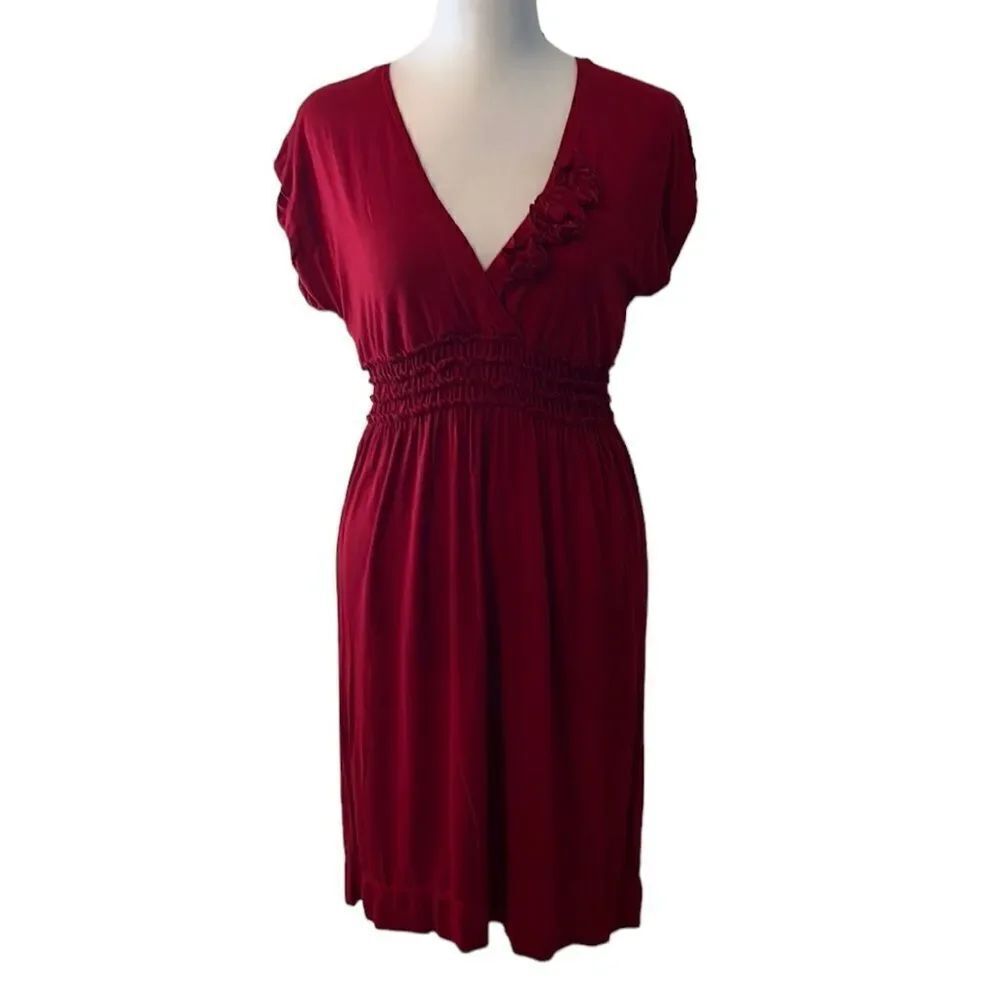 Max Studios szS red faux wrap elastic empire waist flower embellished dress GUC